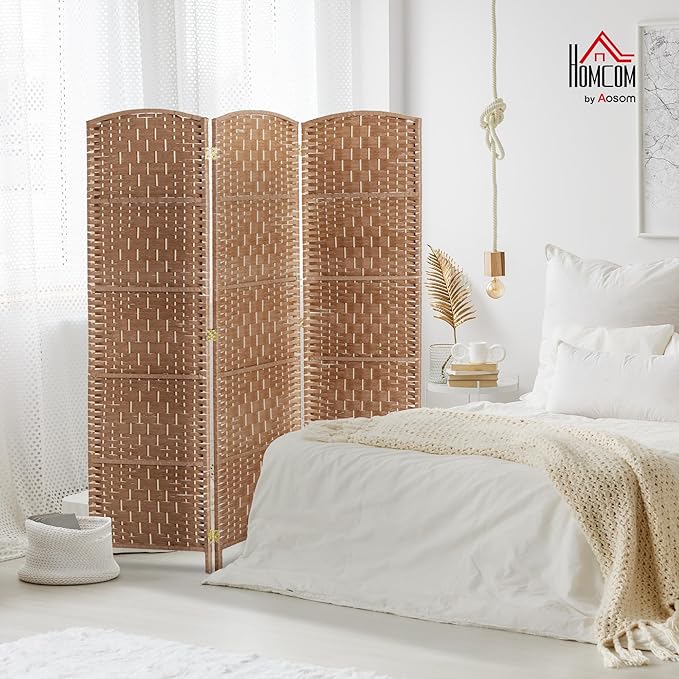 HOMCOM Room Divider 3 Panel, 6FT Tall Folding Privacy Screen, Freestanding Hand-Woven Partition for Room Separation with 360° Hinges, Paper Rope Diamond Weave, Natural