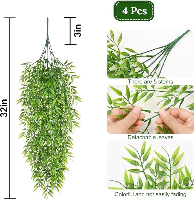 Waipfaru 4Pcs Artificial Hanging Plants, Fake Willow Leaves Vines Fake Hanging Plants for Outdoors UV Resistant Plants Outdoor Faux Plants Indoor Bedroom Living Room Porch Shelf Decor