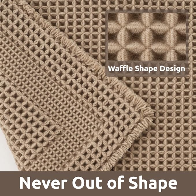 AMOAMI Waffle Bath-Mat, Absorbent Bath Mats for Bathroom Non Slip, Machine Washable Bathroom Rugs with Tassels Ultra Soft Boho Bath Rugs for Floor 18"x30" Beige