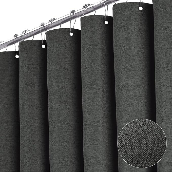 BTTN Stall Fabric Shower Curtain, 54x78 Inch Long Linen Cloth Heavy Duty Thick Shower Curtain Set with 10 Plastic Hooks, Hotel Spa Weighted Waterproof Neutral Bath Curtains for Bathroom, Charcoal Grey