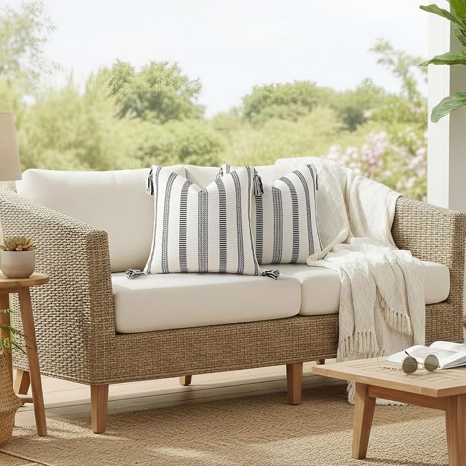 Smile Bee Boho Outdoor Couch Throw Pillow Covers Set of 2, Decorative Lumbar Thick Woven Striped Accent Neutral Pillow Covers with Tassels for Bed Sofa Home Decor, 12x20 Inch, Black and Cream White
