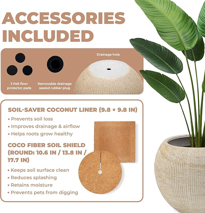 Marlo Fiberstone Round Planter (8.5" Pot Opening x 12.6" D x 9.8" H) Ribbed Finish, Lightweight, Durable, UV Resistant, Modern Home Decor, Indoor Outdoor Pot (S, Ribbed Travertine Beige)