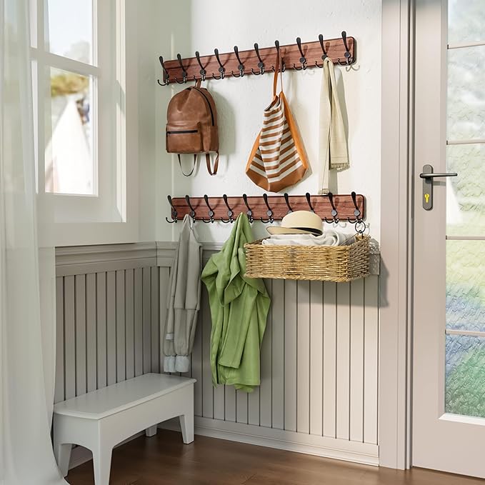 SKOLOO Rustic Large Wall Mounted Coat Rack-38.6'' Long Coat Rack for Wall, Pine Solid Wood Coat Rack Hook, Farmhouse Coat Hanger Wall Mount for Hanging Jacket Coat Hat, Pack of 2