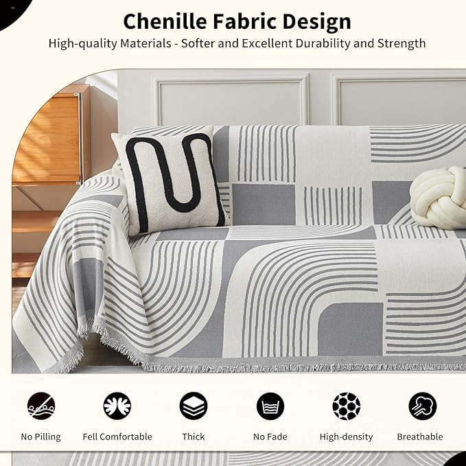 WEYOND Boho Couch Cover Sofa Covers Washable, Chenille Couch Covers for 3 Cushion Couch Sofa Pet Friendly, Bohemian Sofa Slipcovers for Sectional Sofa, Loveseat, 2 3 4 Seater (71" x 102", Grey)