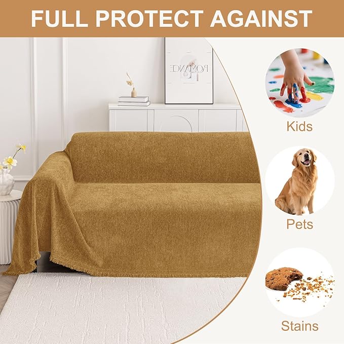 Smiry Couch Cover for Dogs, Washable Chenille Sofa Covers for 3 Cushion Couch, Soft Sofa Slipcover for Pets, Thick Sectional Furniture Protector with Tassels (Yellow, 88.5x118 Inch)