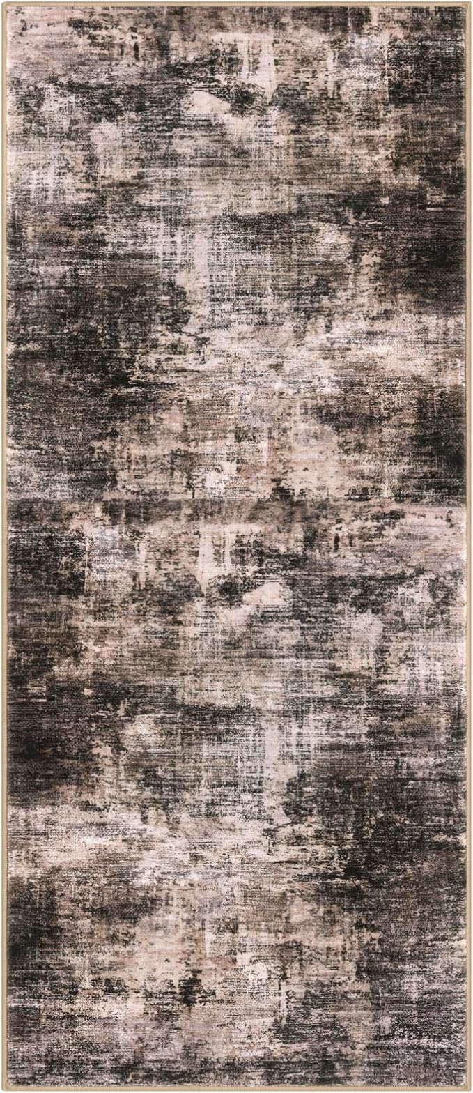 IOHOUZE Abstract Runner Rug 3x7 Ft Washable Runners for Hallways, Non Slip Kitchen Runner Printed Faux Wool Entryway Runner Indoor, Modern Abstract Floor Carpet for Hall Kitchen Bedroom, Brown/Rust