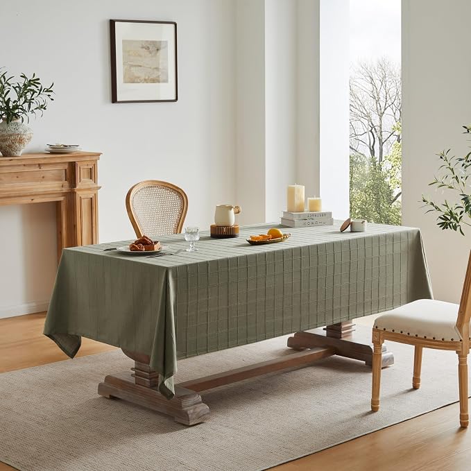 ZeeMart Linen Checked Table Cloth 60x104 Inches (Fit 6ft–7ft, Narrow Fit 8ft Rectangle Table), Farmhouse Style Plaid Embroidered Water Resistant Table Cover, Olive