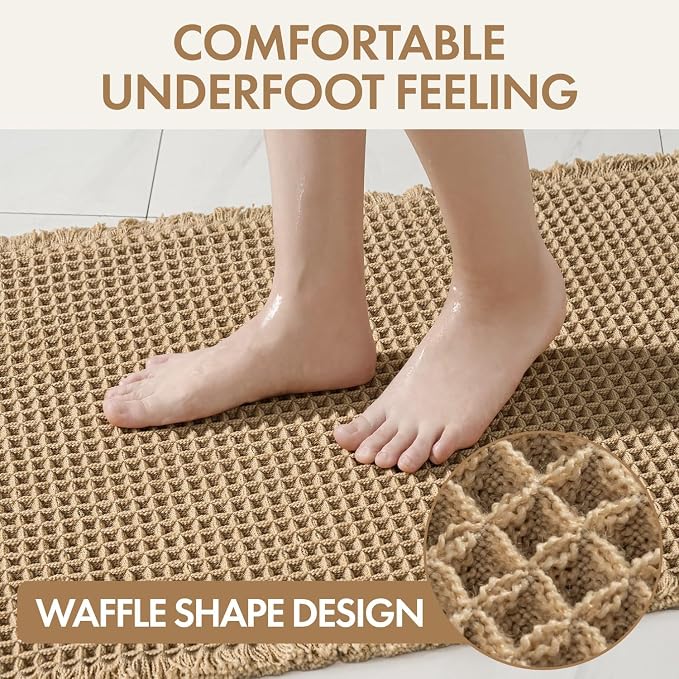 MIULEE Waffle Bathroom Rugs, Super Absorbent Non Slip Bath Rug, Upgraded Soft Quick Dry Washable Boho Bath Mat with Tassels for Bathroom Floor, 24"x36", Brown