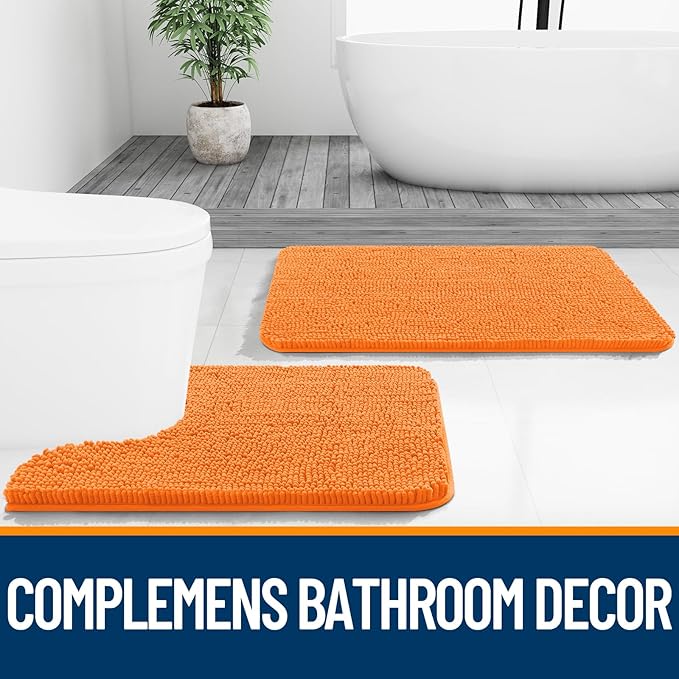 OLANLY Toilet Rugs U-Shaped 24x20, Extra Soft Absorbent Chenille Contour Bathroom Rugs for Toilet, Dry Quickly, Machine Washable, Non-Slip Bath Mat, Orange