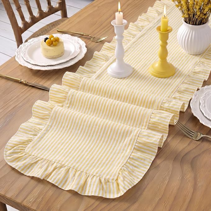 Yellow Stripe Ruffled Table Runner 72 Inches Long Scalloped Table Runner Rustic Cotton Tabletop Farmhouse Decor for Baby Shower Bride Shower Birthday Party Holiday Wedding