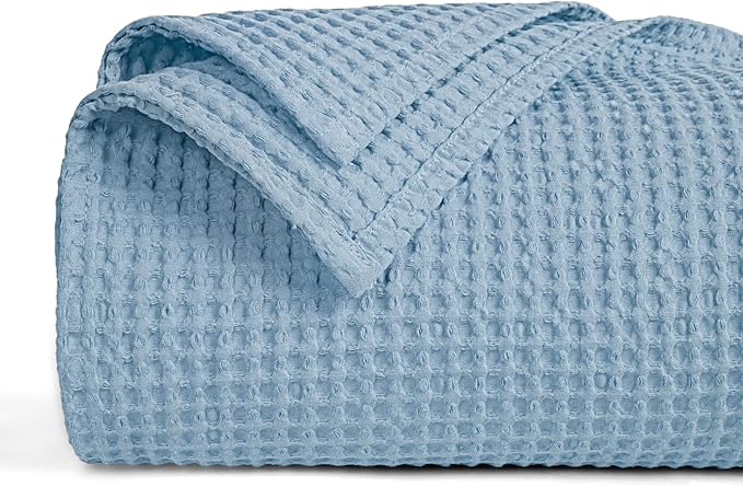 PHF Pre-Washed 100% Cotton Waffle Weave Blanket King Size for Bed,Snag Proof Throw Blanket for Couch Spring Summer Lightweight Breathable,Machine Washable, Home Decor Gift - Dusty Blue