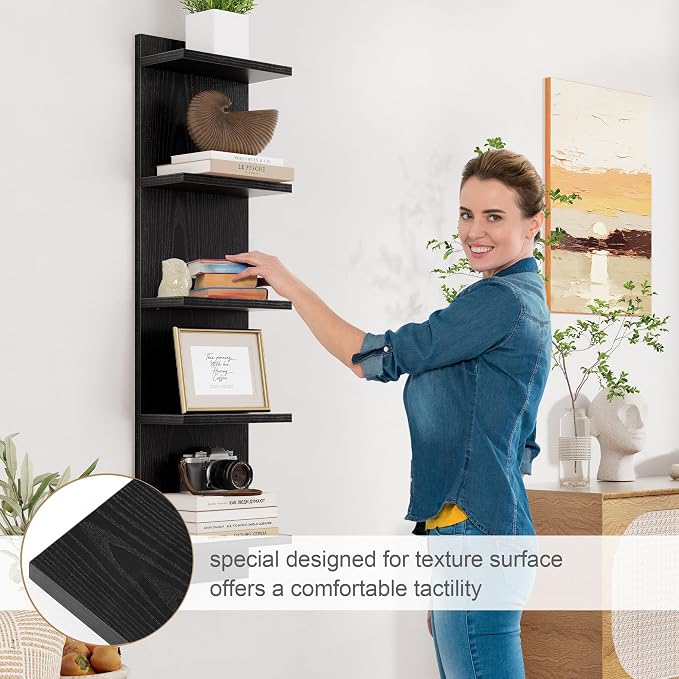 Fun Memories 5-Tier Wall Shelf Unit, 48" Tall Floating Storage Organizer for Bedroom, Living Room, and Home Decor, Black Vertical Shelving Unit