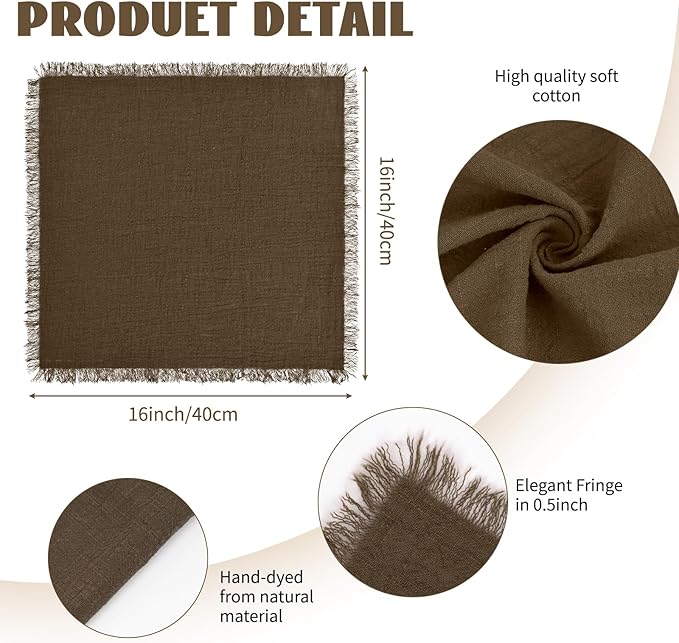 30 Packs Brown Napkins 16x16 Inch, Cotton Linen Handmade Cloth Napkins Bulk with Fringe - Soft Rustic Boho Napkins for Wedding, Party, Christmas Event Dinner Birthday Table Decor