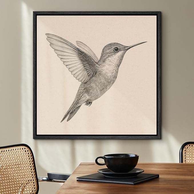 SIGNFORD Framed Canvas Print Wall Art Hummingbird Vintage Sketch Modern Art Relax/Calm Warm for Living Room, Bedroom, Office - 16"x16" BLACK