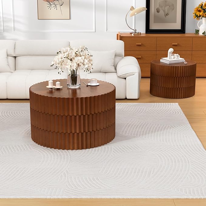 Round Nesting Coffee Table Set of 2 Modern Fluted Coffee Table Walnut Round End Table Small Side Table Circular Coffee Tables Circle Nested Coffee Tables for Living Room (Brown Large)