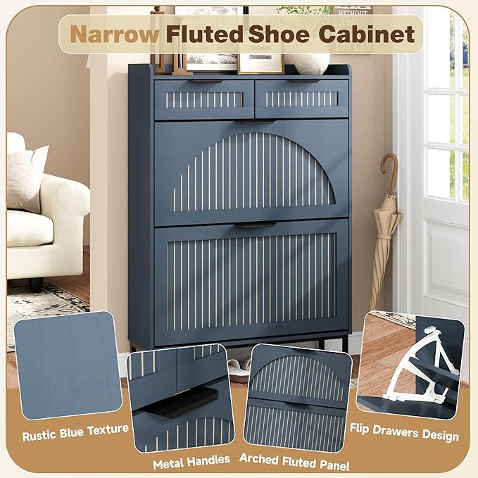 Fluted Shoe Cabinet Storage for Entryway – Narrow Shoe Rack with 2 Flip Drawers & 2 Storage Drawers, Freestanding Hidden Shoe Organizer for Foyer, Hallway (Blue)