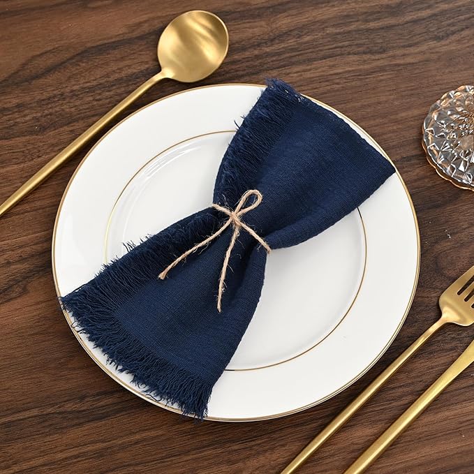 36 Pack Navy Blue Cotton Linen Napkins - 16 x 16 Inch Fringed Soft Washable Rustic Dinner Napkins for Wedding Party Dinner Table