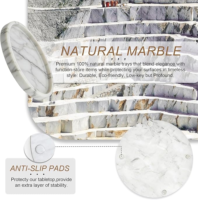 Natural Marble Tray, Round White Tray for Bedroom/Bathroom/Kitchen/Vanity Countertop, Jewelry Tray for Rings Earrings Necklace Bracelet Watch, Room Decor Aesthetic