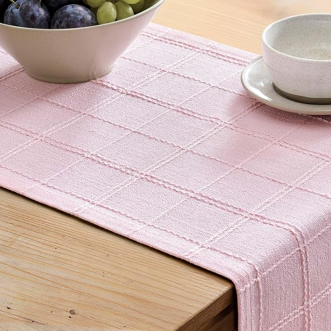 ZeeMart Linen Checked Farmhouse Table Runner, 13x108 Inches Pink | Raised Grid Design, Rich Woven Texture, Linen Blend Table Runners 108 Inches Long, Machine Washable, Boho Home Kitchen Decor
