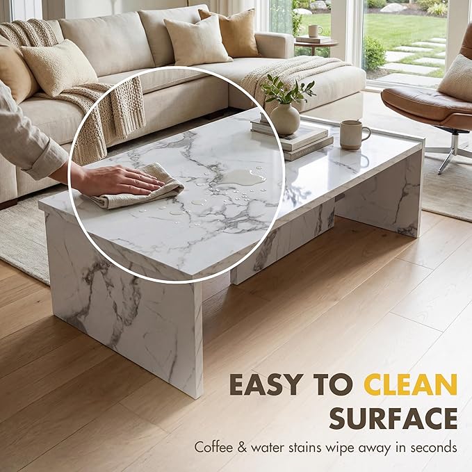 Hyfirm Faux Marble Coffee Tables for Living Room: Rectangular Modern Minimalist Coffee Table with Sturdy Frame Contemporary Accent Tables for Office Apartment Family Room Center Table (Marble White)