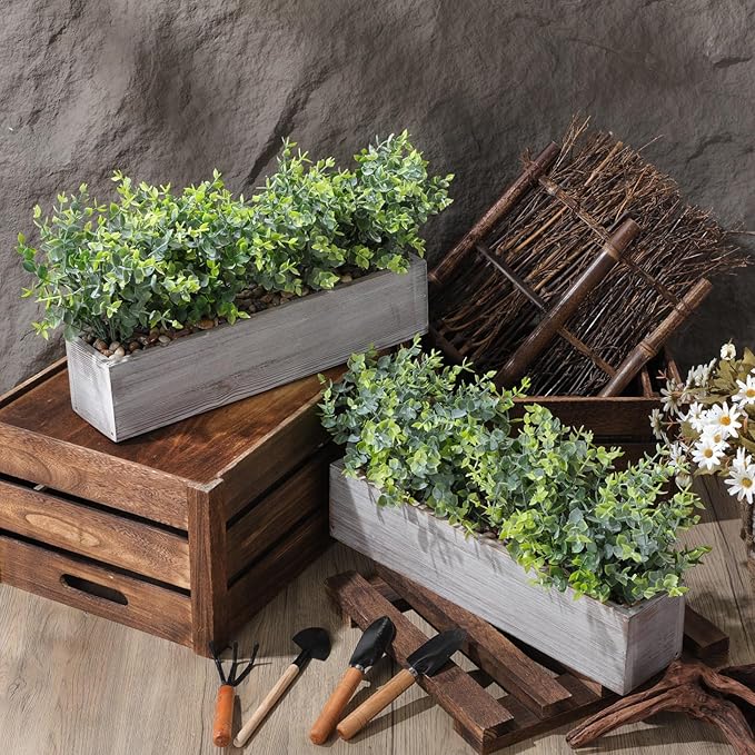 Lyrow 2 Pack Artificial Eucalyptus Plant in Rustic Rectangular Wooden Planter Box Greenery Faux Potted Herb Plant for Indoor Wedding Table Centerpiece(Green,16.1 x 3.7 x 8.7 Inches,Classic Style)