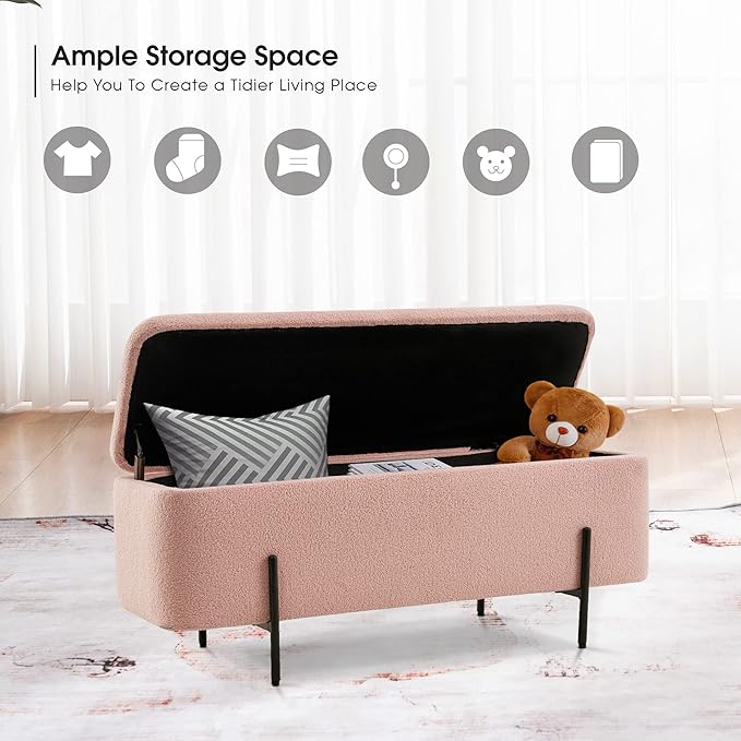 MCombo Storage Ottoman Bench, Teddy Fabric Upholstered Footstool with Storage Space, Bed End Bench for Bedroom, Living Room, Entryway W709 (Pink)