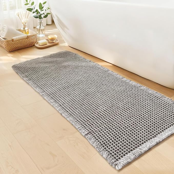 Waffle Runner Bath Mat - Long Boho Bathroom Rugs Non Slip Washable, Super Absorbent & Quick Dry, Soft Bath Mat Farmhouse Bathroom Decor, 24'' x 72'', Light Grey