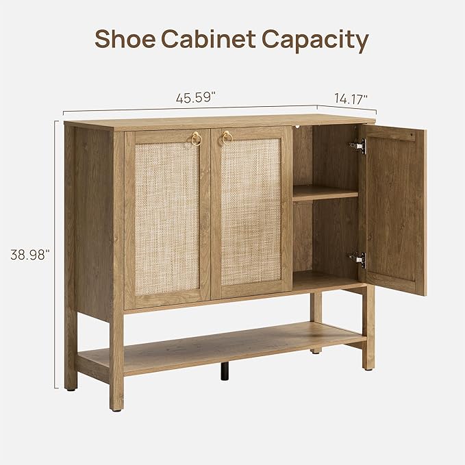 SICOTAS Rattan Shoe Cabinet Storage for Entryway - 30 Pairs Boho Shoe Storage Organizer with Adjustable Shelves & 3 Doors, Tall Shoe Rack Cabinet for Hallway, Living Room (Carbon Cherry)