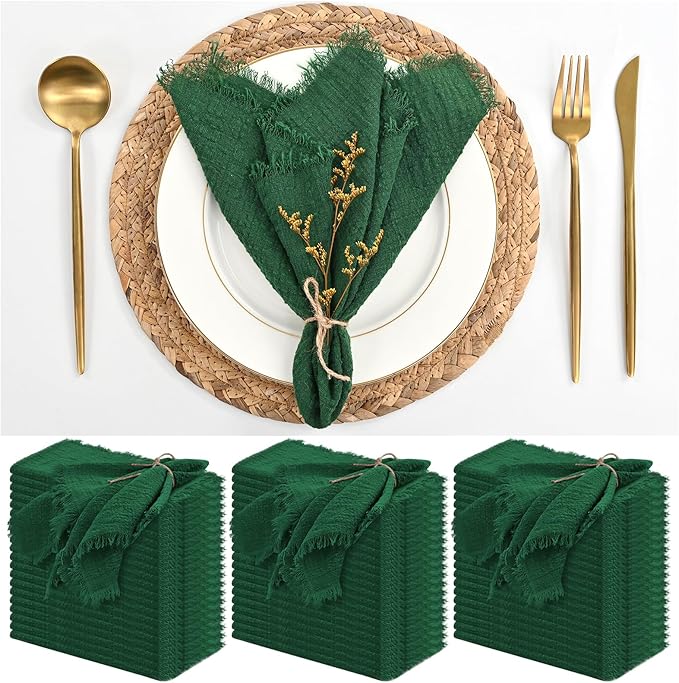 60 Pack Emerald Green Napkins Cotton Linen Napkins 16 x 16 Inch Green Napkins Cloth Handmade with Fringe Soft Napkins Cloth Washable Rustic Dinner Napkins Cloth for Wedding Party Dinner Table
