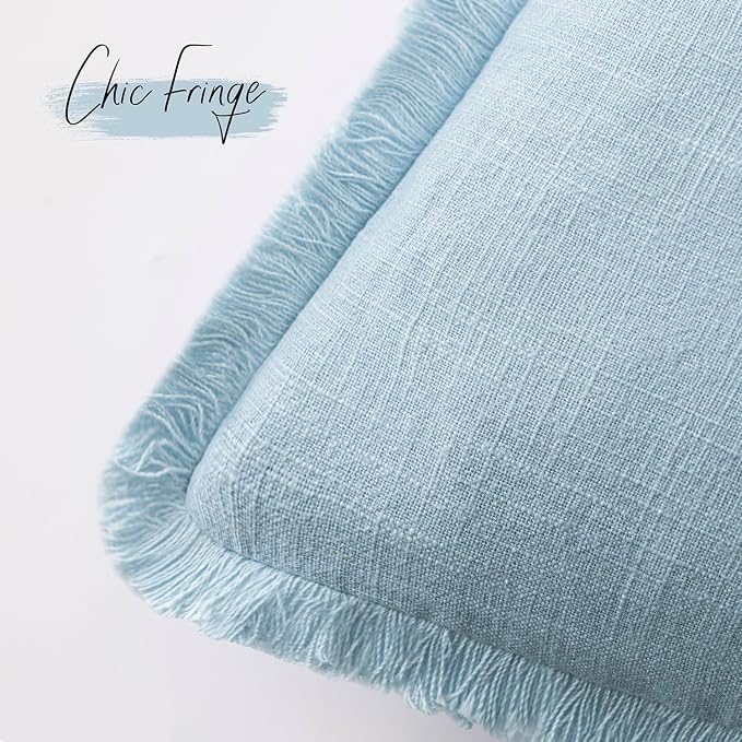 Foindtower Set of 2 Decorative Linen Fringe Throw Pillow Covers Cozy Boho Farmhouse Cushion Cover with Tassels Soft Accent Pillowcase for Couch Sofa Bed Living Room Home Decor,26×26 Inch,Light Blue
