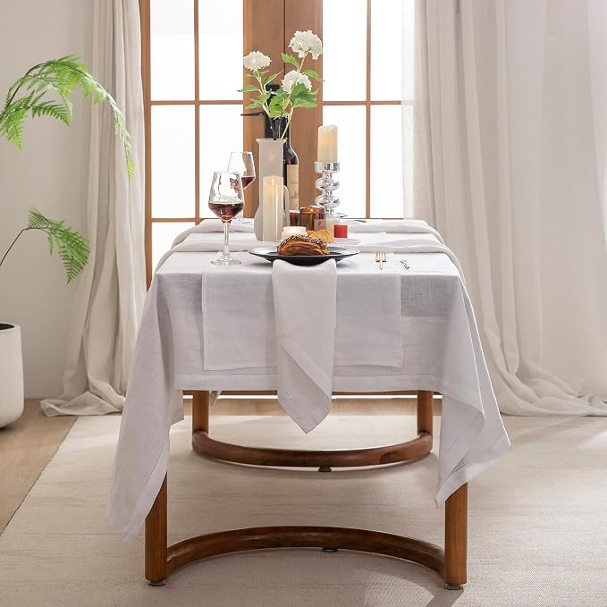 EVERLY Pure Linen Hemstitch Tablecloth,100% Stonewashed French Linen tablecloths for Kitchen Dining Rectangle Tables,60x144Inch Machine Washable Christmas Thanksgiving Organic Tablecloth-White