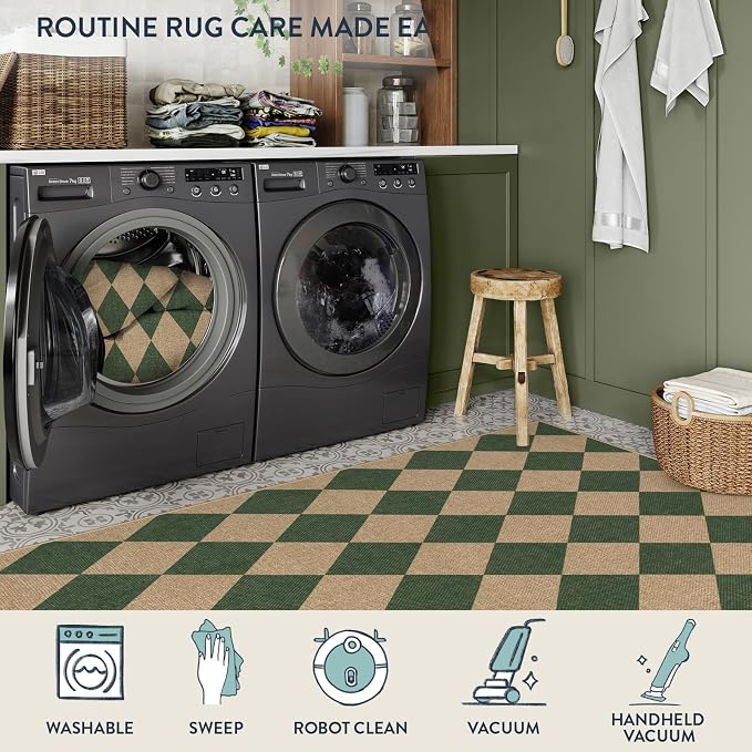 Lahome Colette Checkered Outdoor Rug 5x7, Washable Rug for Living Room Office Indoor Outdoor Carpet, Farmhouse Non Slip Non Shedding Green Carpet for Dining Room Sunroom Patio Courtyard