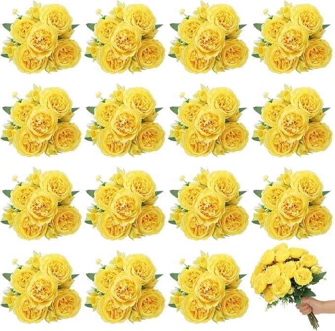 16 Pack Yellow Peonies Artificial Flowers, Fake Silk Hydrangea Bouquet for Bridal Wedding Home Table Decor Reusable Dining Opening Ceremony Birthday Arrangement Faux Floral
