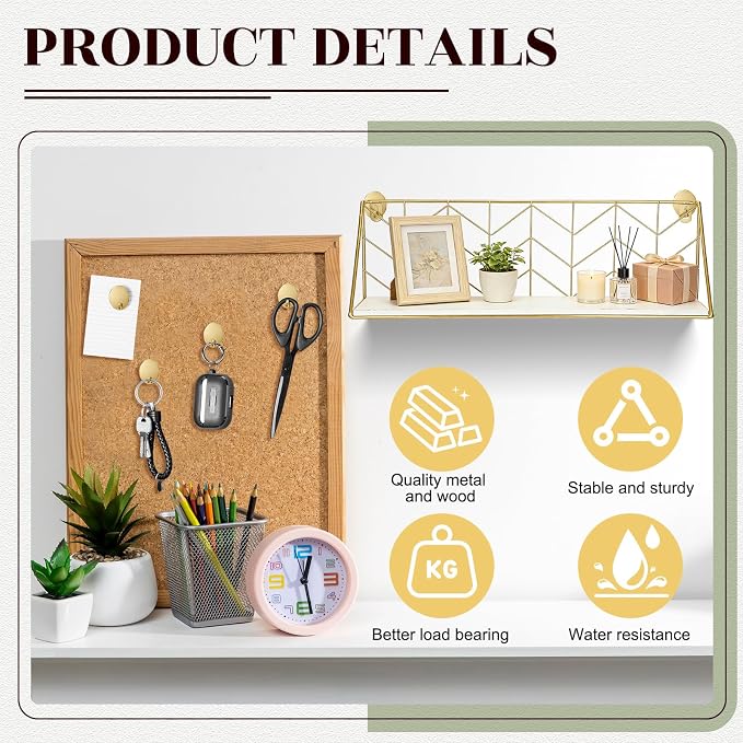 Maxdot Floating Shelves Wall Mounted Set of 4 with 24 Cubicle Hooks, Rustic Wood Storage Decor Hanging Shelves Fabric Panel Wall Hooks for Home, Living Room, Bedroom, Bathroom, Kitchen (Gold)