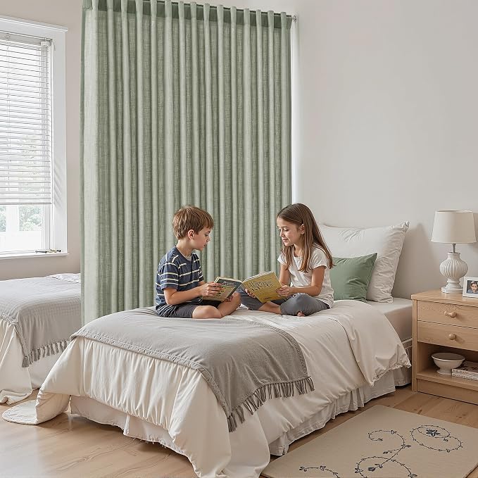 Extra Wide 100 Inch Linen Curtains for Living Room Divider Light Filtering Semi Sheer Back Tab Patio Curtains for Sliding Door Sage Green Coastal Decor Sunroom Floor to Ceiling Window Curtain 100x84