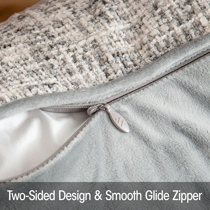 a moment Grey Reversible Pillow Covers 2 Pack - Farmhouse Chenille Throw Pillows, Neutral Textured Decorative Throw Pillow Covers with Border for Couch Sofa Bed (12x20 Inch, No Insert)