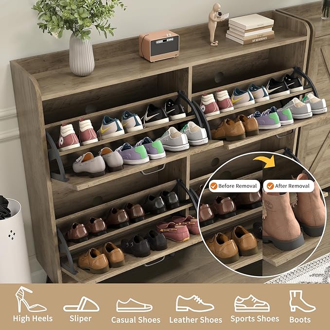 Shoe Cabinet with 4 Flip Drawers, Farmhouse Shoe Cabinet Storage for Entryway Slim, Freestanding Shoe Organizer Hidden Shoe Rack Cabinet with Wooden Legs, Rustic Oak