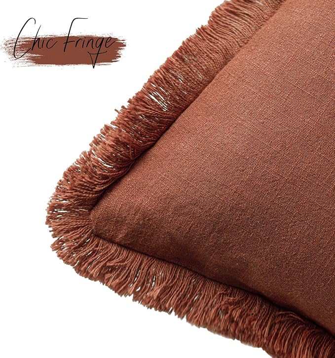 Foindtower Set of 2 Decorative Linen Fringe Throw Pillow Covers Farmhouse Cushion Cover with Tassels Soft Accent Pillowcase for Couch Chair Sofa Bed Living Room Home Decor,22×22 Inch,Fall Rust Orange