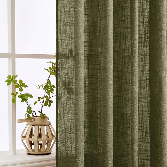 MIULEE Light Olive Green Linen Curtains 96 Inches Long 2 Panels for Bedroom Living Room, Soft Linen Textured Natural Window Drapes Semi Sheer Light Filtering Back Tab Rod Pocket Burlap Look Decor