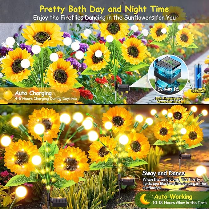 Garpar Solar Lights Outdoor Garden Decor, 4 Pack 800mAH Swaying Solar Firefly Lights with Bigger Sunflowers, Brighter Waterproof Solar Flower Lights for Outside Yard, Gifts for Mom Grandma Women