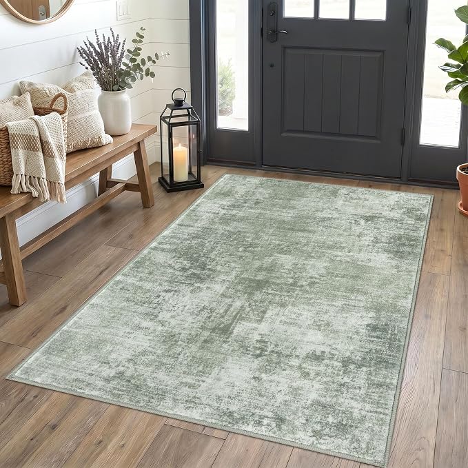 IOHOUZE Abstract Area Rug 4x5 Ft Washable Rugs for Entryway Indoor, Non Slip Small Living Room Rugs Printed Faux Wool Throw Rug, Floor Carpet for Kitchen Nursery Playroom, Sage Green
