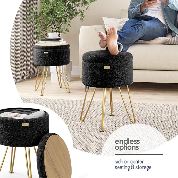 Round Ottoman with Storage, Boucle Storage Ottoman, Foot Stool Ottomans, Makeup Vanity Stool, Small Ottomans Foot Rest, Modern Vanity Stools for Living Room and Bedroom, Black