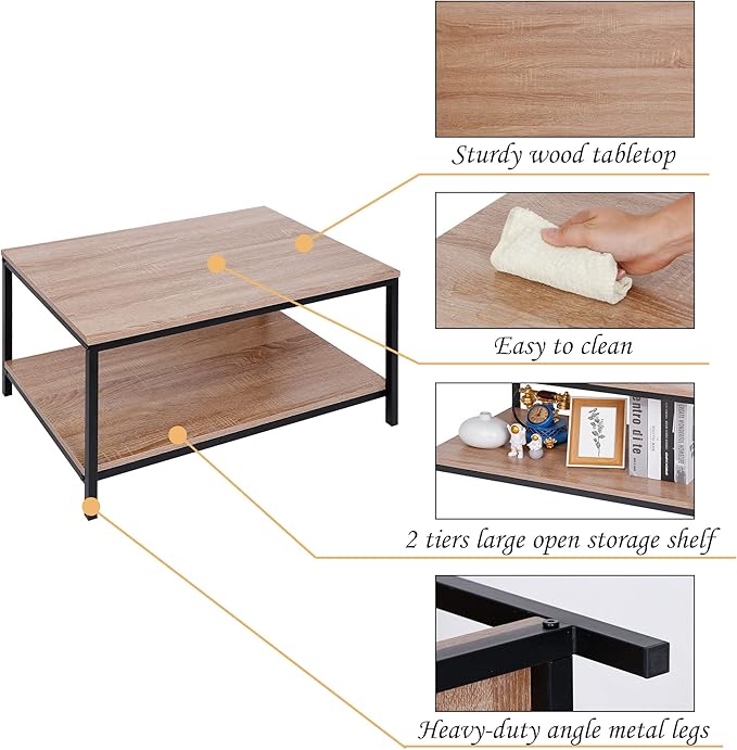 SUPER DEAL 2-Tier Industrial Coffee Table with Storage Shelf for Small Apartment Living Room, Rectangle Wood and Stable Metal TV Stand Side End Table, Natural Oak