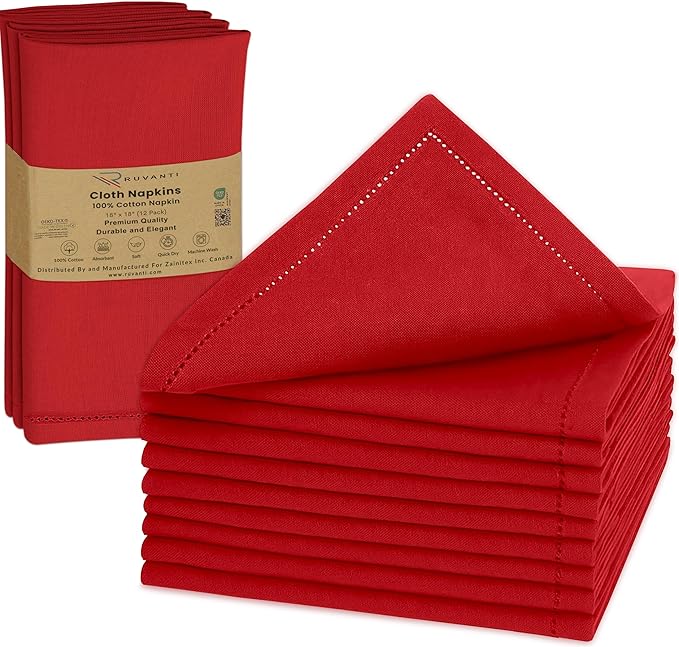 Ruvanti Cloth Napkins Set of 12, 100% Cotton High GSM 18x18 Inches, Hem Stitched Corners, Soft, Washable, Durable & Absorbent, Perfect for Parties, Christmas, Thanksgiving Dinners – Flame Scarlet