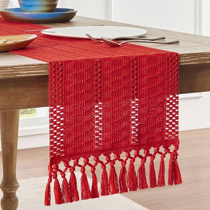 ZeeMart Macrame Style Boho Table Runner, Red Table Runners 48 Inches Long, Farmhouse Woven Home Decor, 12x48 Inch, Red