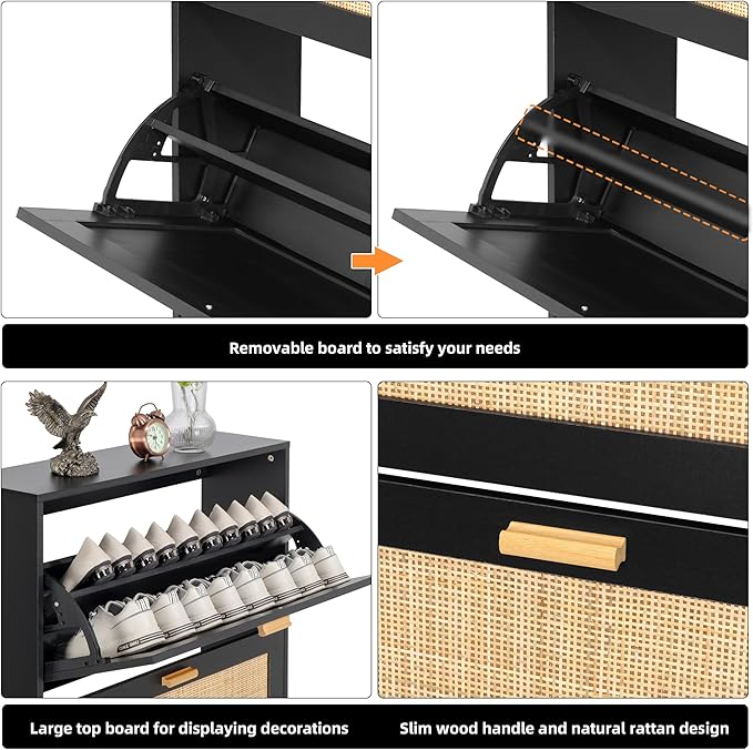 Finnhomy Extended Edition Shoe Cabinet with Natural Rattan Flip Drawers for Entryway, Free Standing 3 Tier Slim Shoe Organizer, Shoe Cabinet with 3-Gear Adjustable Width Drawers, Black