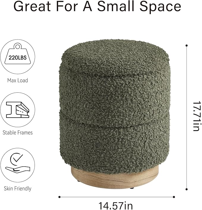 Get Set Style Round Ottoman with Storage, Modern Boucle Ottoman Upholstered Foot Stool with Wood Base, Vanity Stool Chair, Footrest Extra Seat for Living Room Bedroom Entryway (Olive Green)