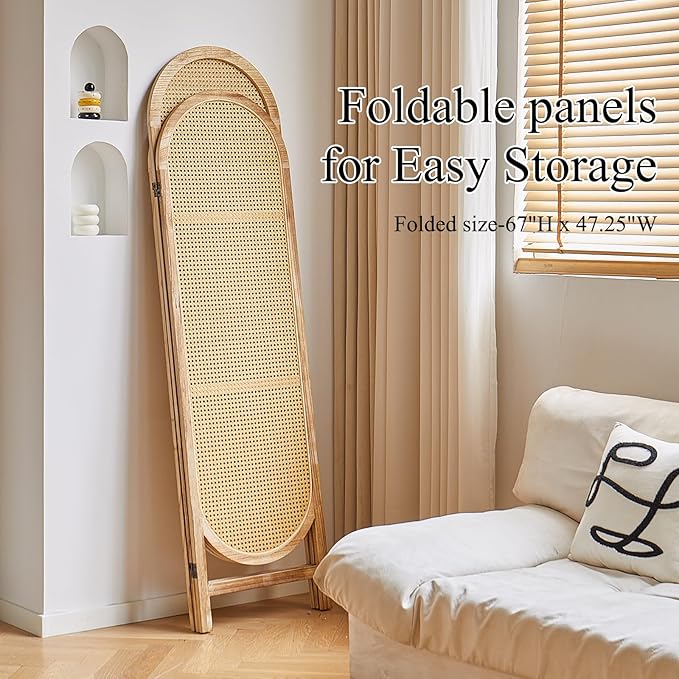 Room Divider Panel, 3 Panel Roomdivider Wall, Wood Room Dividers and Folding Privacy Screens, Rattan Partition Room Dividers, Privacy Dividers for Rooms, Bedroom, Dining Room, Light Brown