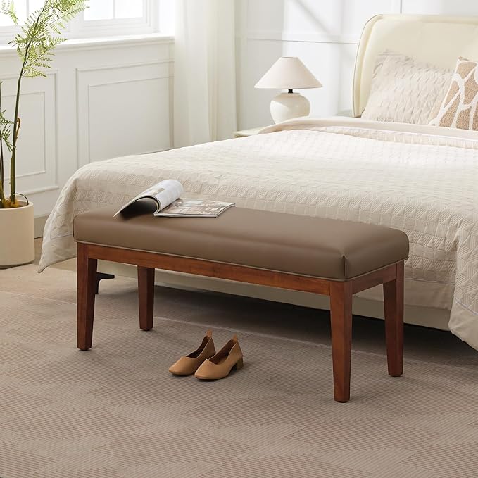 WUTUTUEE 43.5'' Faux Leather Bedroom Bench, Upholstered End of Bed Bench, Padded Vintage Dining Bench, Entryway Bench with Solid Wood Legs, Kitchen, Living Room, Hallway, Brown