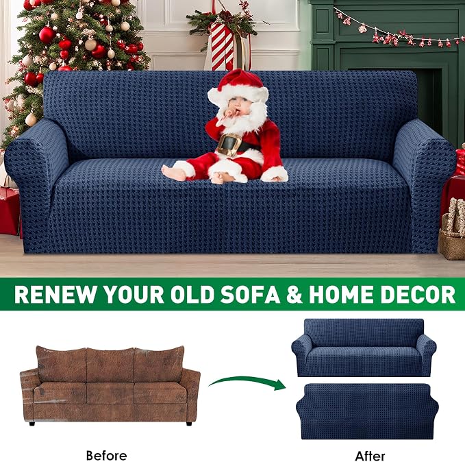 MAXIJIN Stretch Extra Large Couch Cover Sofa Covers (91"-110" Oversized Sofa Slipcovers with Non-Slip Foam & Elastic Strap, Dog Cat Pet Friendly Furniture Protector (X-Large, Navy Blue)